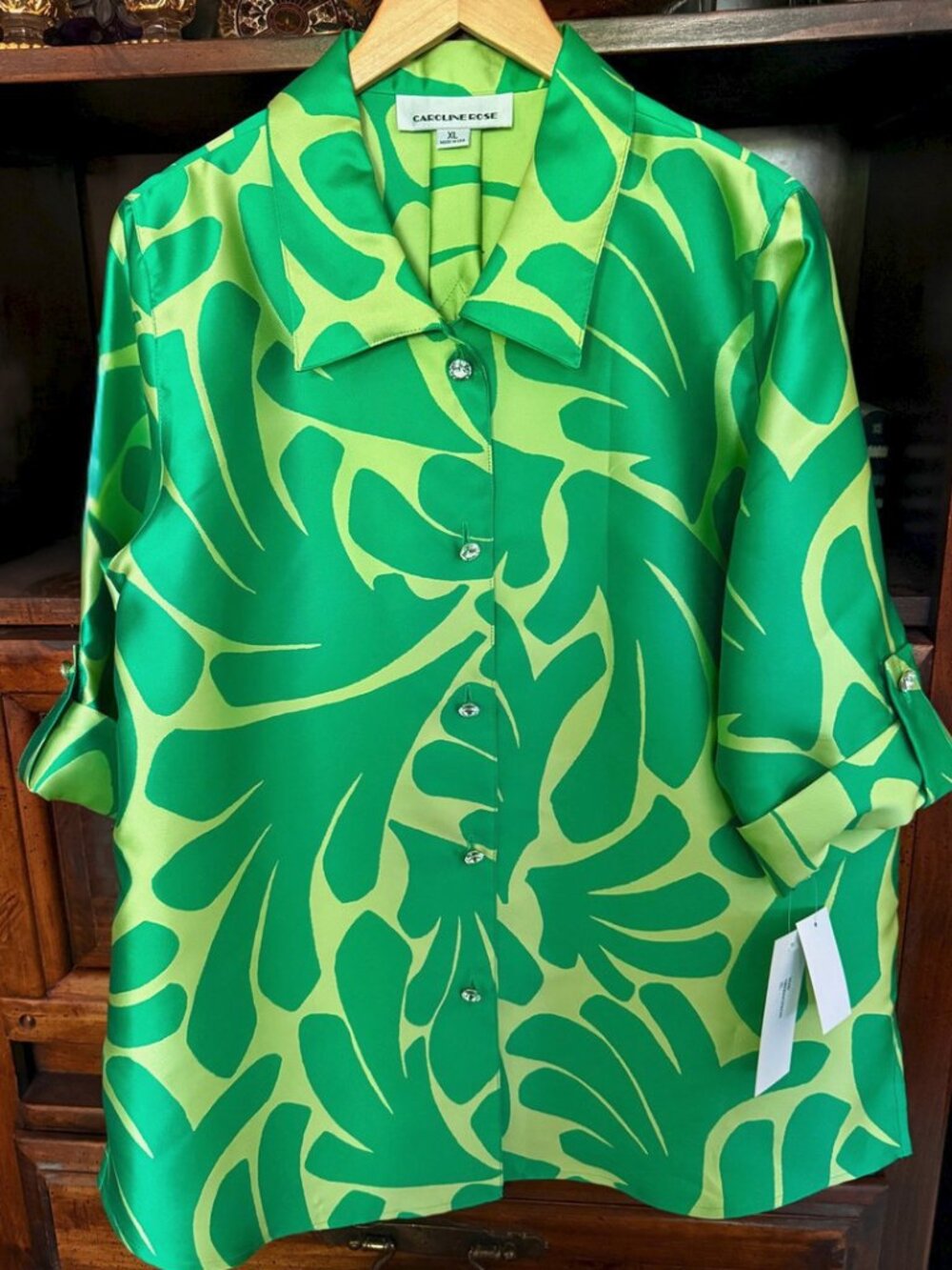 Caroline Rose Citron Green Rhinestone Jacket XL 3/4 Roll-Tab Sleeve Button Front